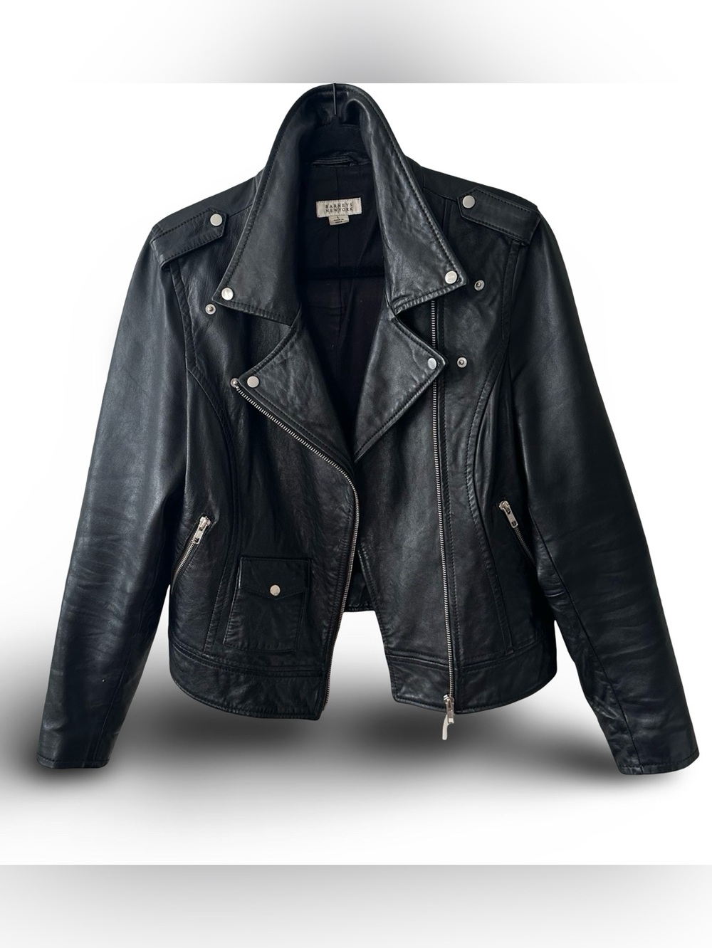 AUTH Vtg 90’s Barneys New York Soft Black Leather Moto Jacket Large Retail $895 - Picture 7 of 8